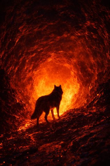 Wolf Standing at the Entrance of a Lava Cave Wallpaper