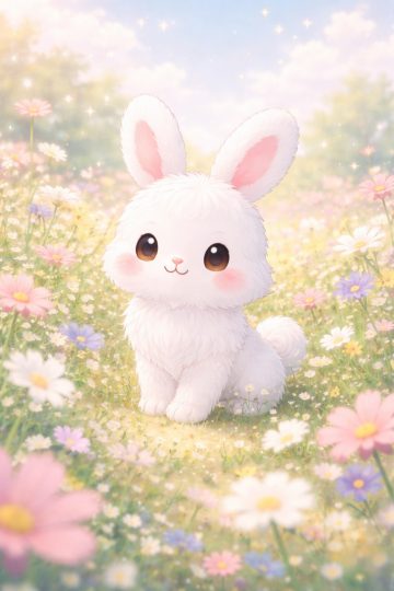 Fluffy Bunny in Pastel Flower Field