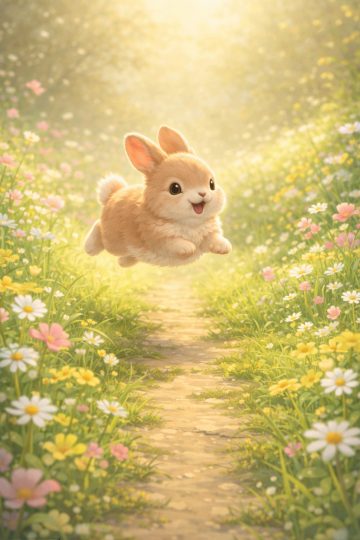 Fluffy Bunny Jumping Along Garden Path
