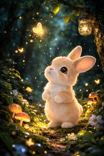 Forest Fairy Bunny with Butterfly and Lantern