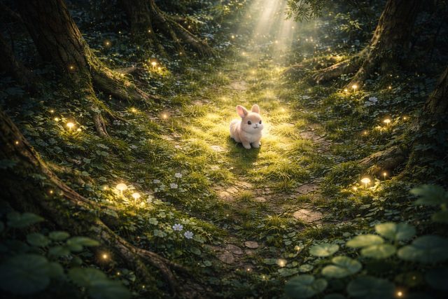 Forest Fairy Bunny in Enchanted Forest Clearing