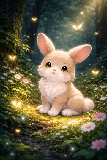 Forest Fairy Bunny with Fireflies and Flowers