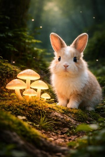 Forest Fairy Bunny Beside Glowing Mushrooms