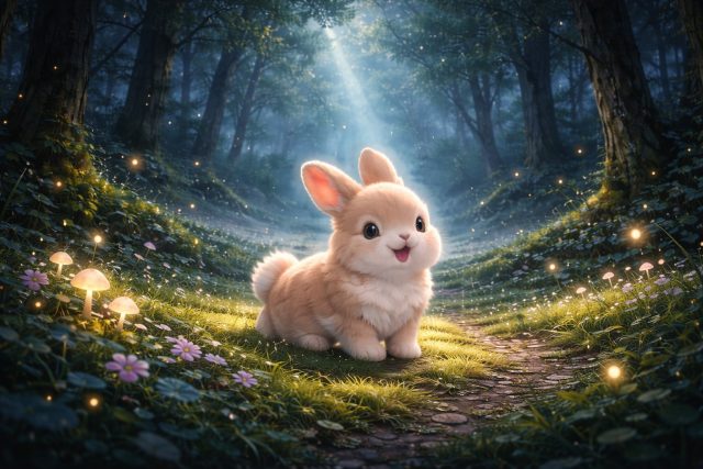 Forest Fairy Bunny in Morning Forest Light