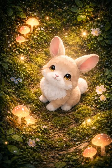 Forest Fairy Bunny on Glowing Mushroom Trail
