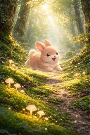 Forest Fairy Bunny Running on Sunlit Path