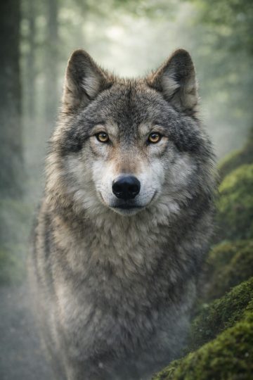 Wolf Close Portrait in a Misty Forest Wallpaper