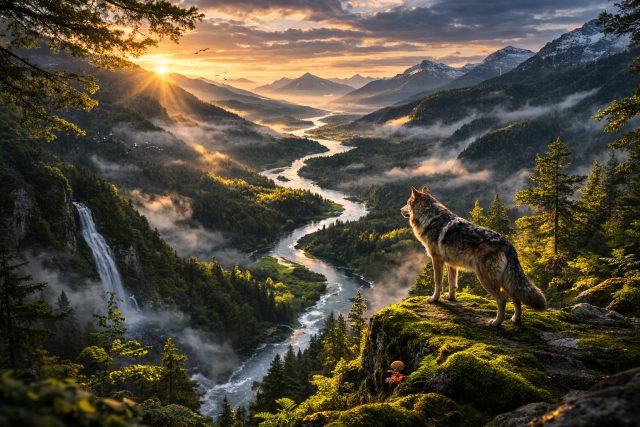 Wolf Overlooking a Green Mountain Valley Wallpaper