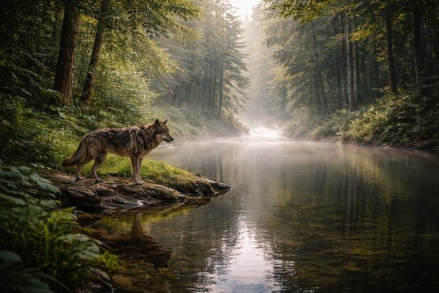 Wolf Standing by a Quiet Forest River Wallpaper
