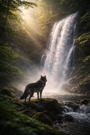 Wolf Standing Before a Forest Waterfall Wallpaper