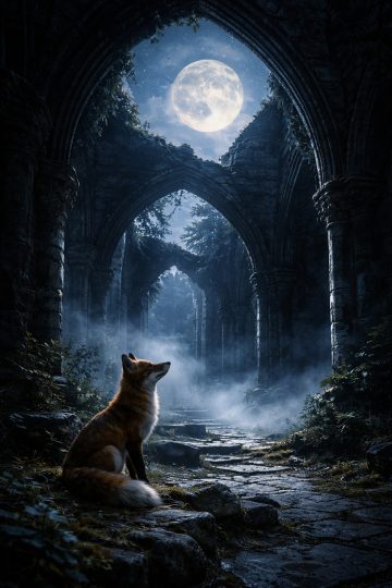 Fox in Ancient Ruins Under Full Moon Wallpaper