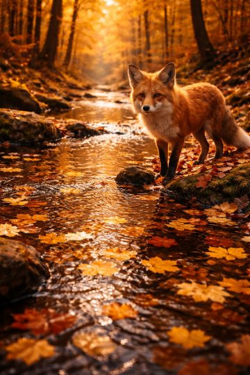 Fox Standing in a Shallow Autumn Forest Creek Wallpaper