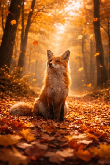 Fox Sitting on an Autumn Forest Path with Falling Leaves Wallpaper