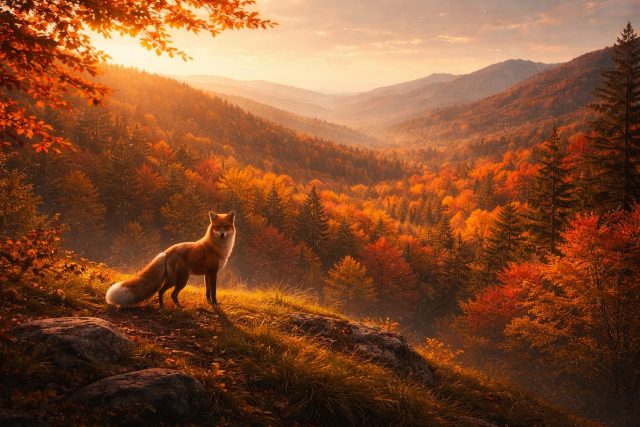 Fox Standing on a Cliff Overlooking an Autumn Mountain Valley Wallpaper