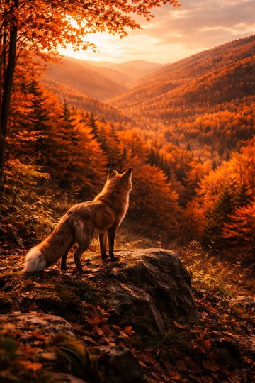 Fox Watching an Endless Autumn Valley from a Rocky Ledge Wallpaper