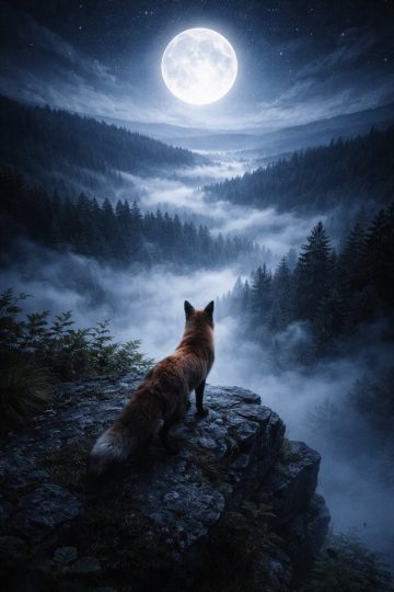 Fox on Cliff Over Misty Valley Under Full Moon Wallpaper
