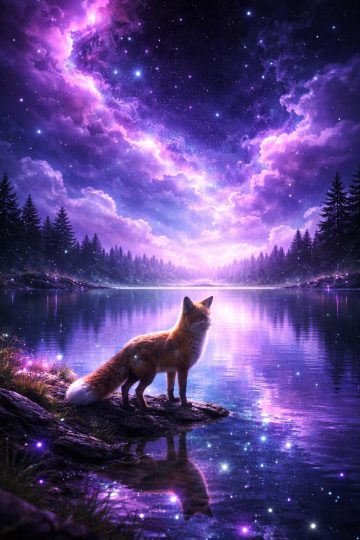 Fox by Cosmic Lake Under Neon Sky Wallpaper