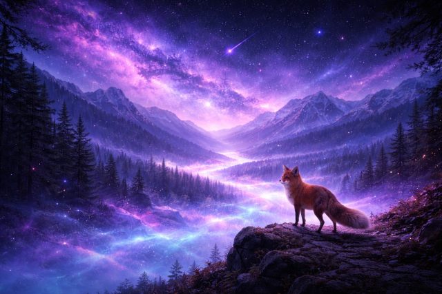 Fox Overlooking Cosmic Valley Galaxy Light Wallpaper