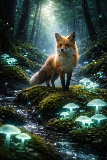 Fox in Enchanted Forest with Glowing Mushrooms and Stream Wallpaper