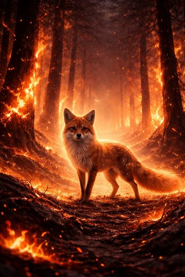 Fox Standing in a Burning Forest at Night Wallpaper