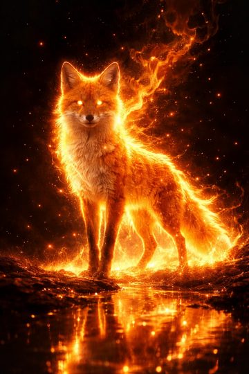 Fire Spirit Fox Standing in Glowing Embers Wallpaper
