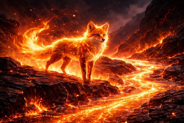 Fire Spirit Fox Beside a Flowing Lava River Wallpaper