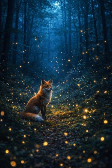 Fox Surrounded by Fireflies in Mystical Forest Night Wallpaper