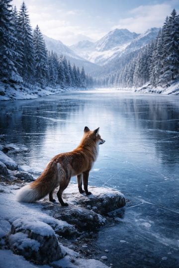Fox by Frozen Lake in Winter Mountains Wallpaper