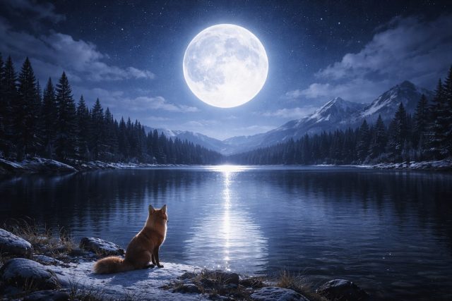 Fox Sitting by Moonlit Lake Night Wallpaper