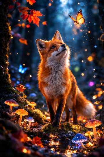 Magical Forest Fox Watching a Glowing Butterfly Wallpaper