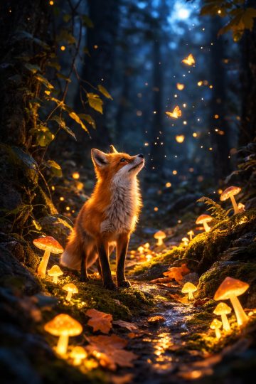 Fox in Magical Forest with Glowing Mushrooms Wallpaper