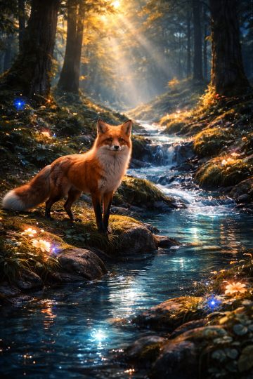 Fox by Forest Stream with Magical Sunlight Wallpaper