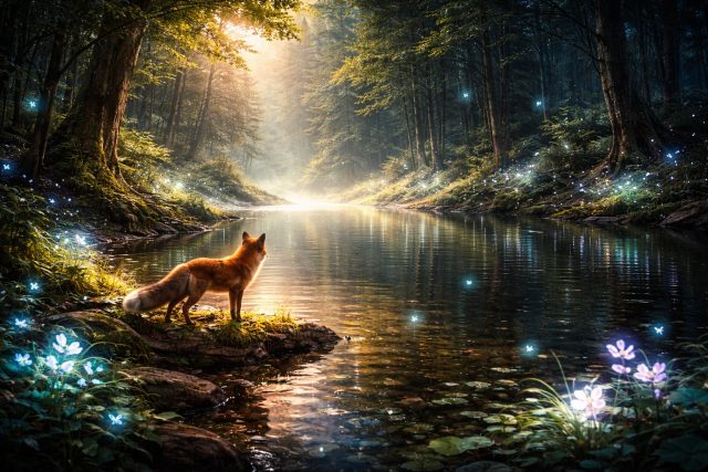 Fox by Magical Forest Lake at Sunrise Wallpaper