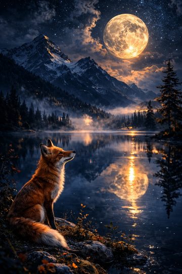 Fox Watching Full Moon Over Mountain Lake Wallpaper