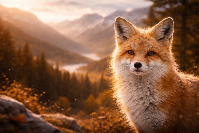 Fox Portrait with Autumn Mountain Valley Background Wallpaper