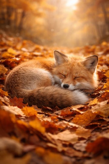 Sleeping Fox Curled Up in Autumn Leaves Wallpaper