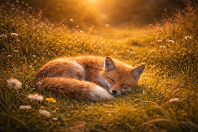 Sleeping Fox Resting in a Golden Meadow at Sunset Wallpaper