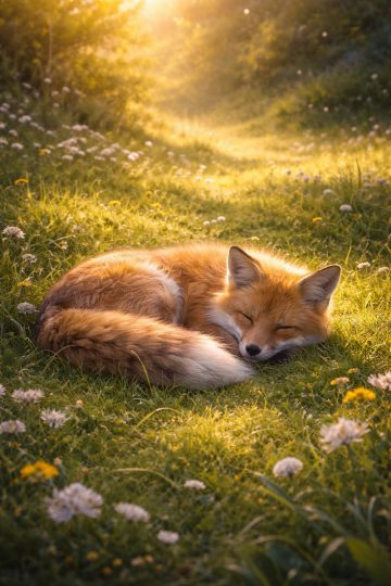 Sleeping Fox Resting in a Sunny Meadow Wallpaper