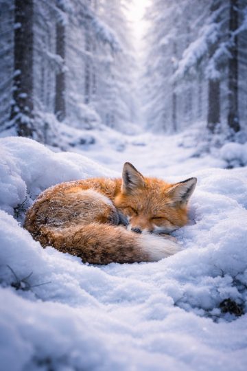 Sleeping Fox Curled Up in a Snowy Forest Wallpaper