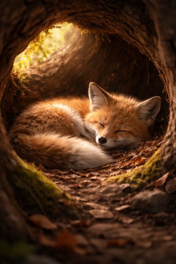 Sleeping Fox Resting Inside a Tree Hollow Wallpaper