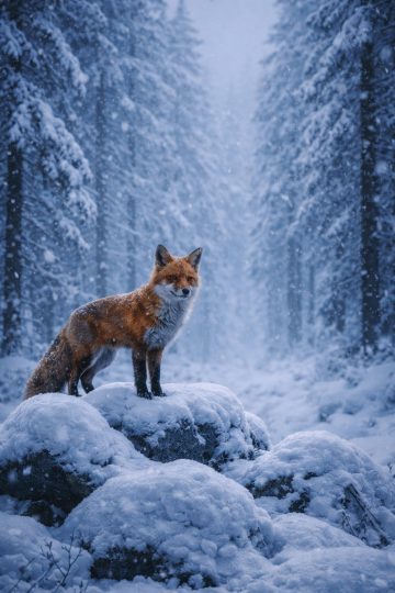 Fox in Snowy Forest During Winter Snowfall Wallpaper
