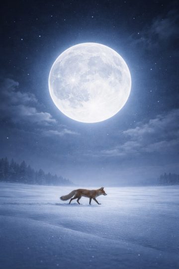 Fox Walking Across Snow Under Full Moon Wallpaper
