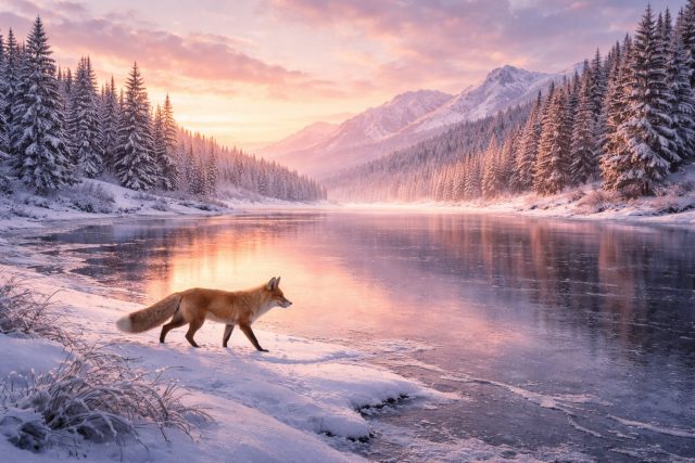 Fox Walking Along Snowy River at Winter Sunrise Wallpaper