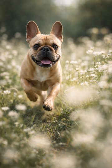French Bulldog Running Through Wildflower Field Natural Light Wallpaper