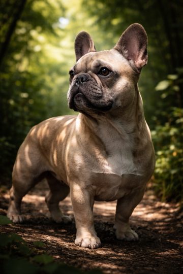 French Bulldog Standing in Forest Path with Soft Sunlight Wallpaper