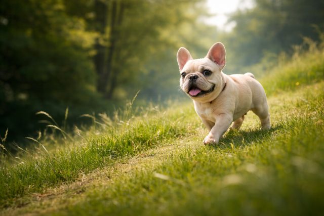 French Bulldog Walking on Sunny Green Hillside Wallpaper