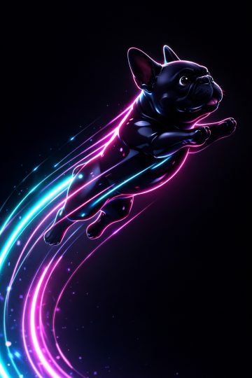 French Bulldog Leaping with Neon Light Trails Cyberpunk Wallpaper