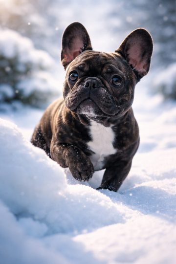French Bulldog Walking Through Snow Close View Cool White Wallpaper