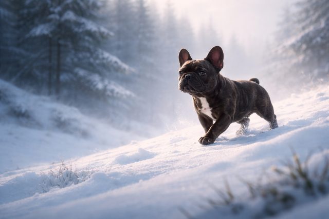 French Bulldog Running Across Snowy Forest in Cool Light Wallpaper