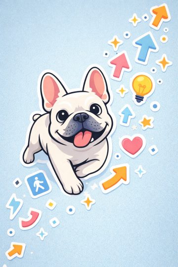 French Bulldog Sticker Explosion with Floating Icons Playful Wallpaper